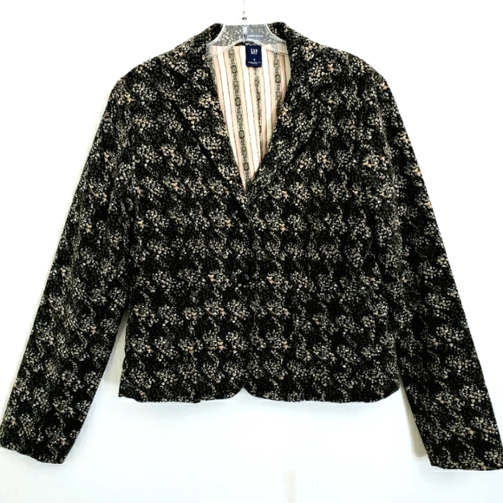 Gap Vintage Stretch Black/  Tan/Olive Green Small Floral Print Cordoroy Blazer